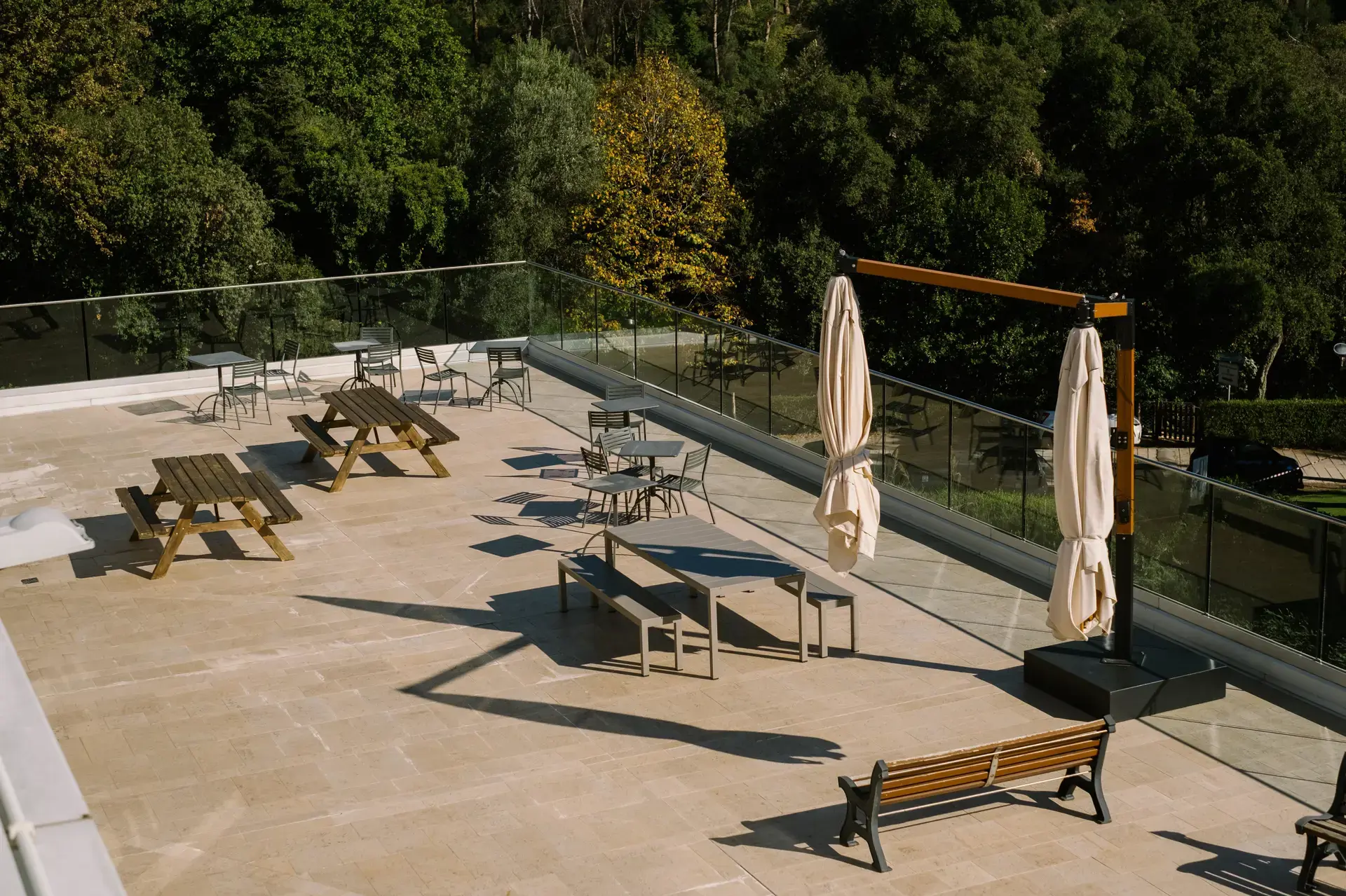 outdoor terrace with lounge chairs and umbrellas overlooking the school grounds.