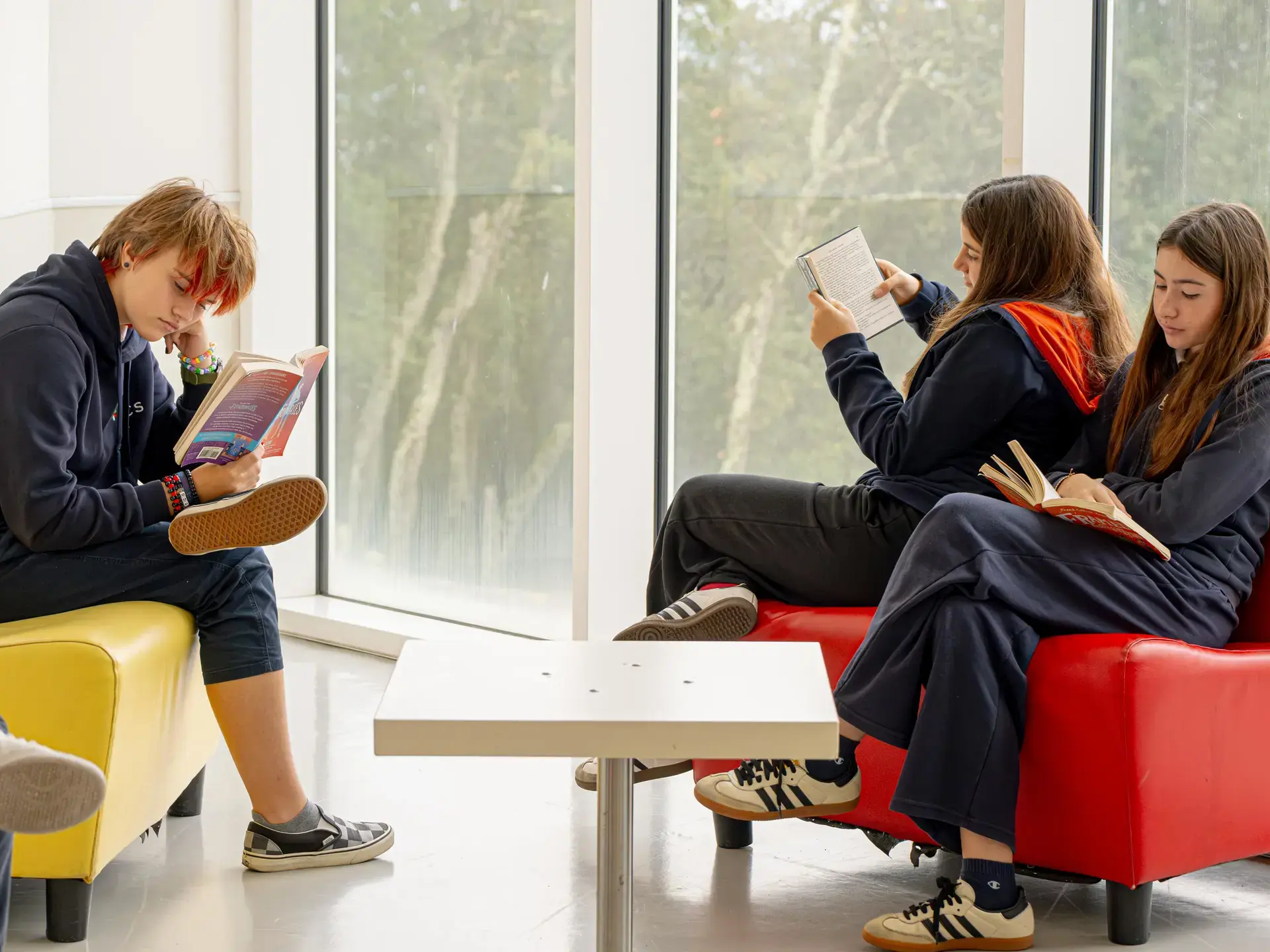 Students sitting on sofas reading books.