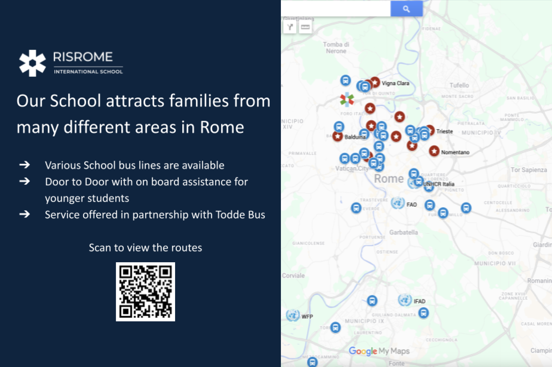 rome international school bus routes map showing pickup locations across various neighborhoods in rome