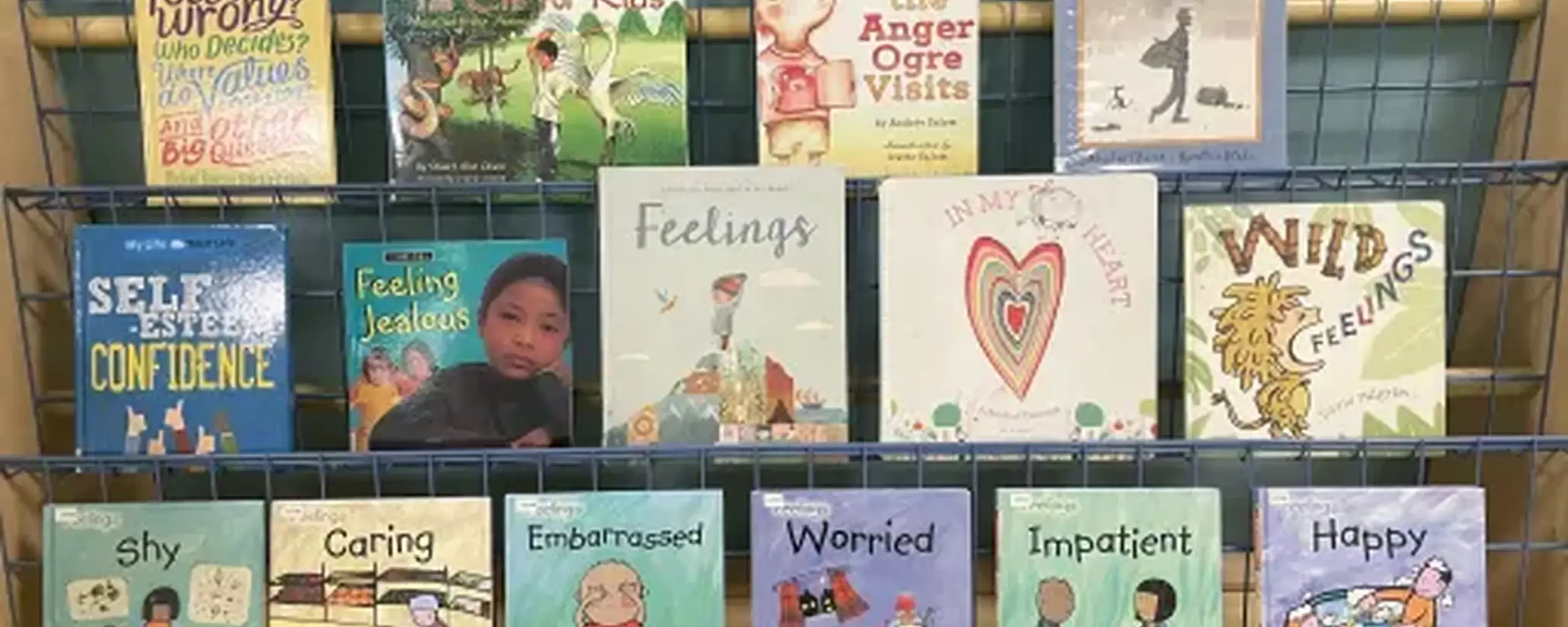 classroom bookshelf display of children's books about emotions and social-emotional learning.