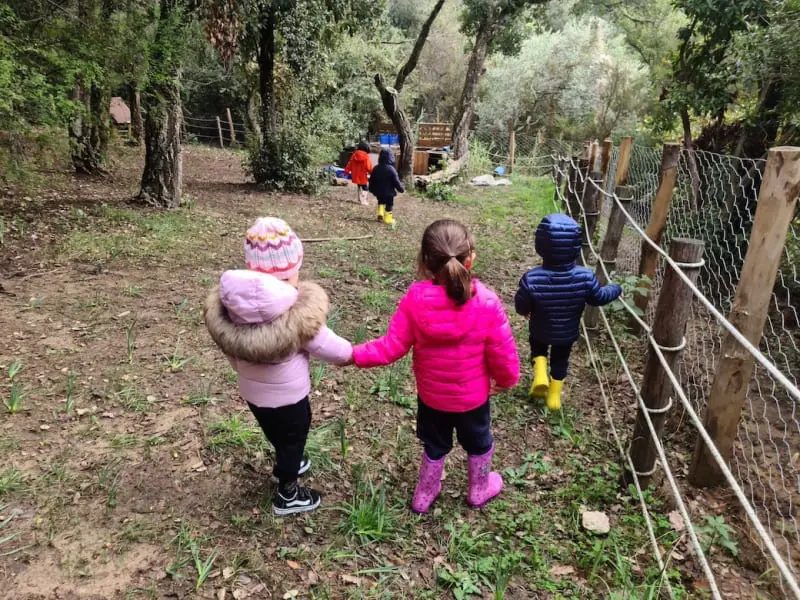 young students in winter coats and rain boots holding hands while walking along a wooded trail.