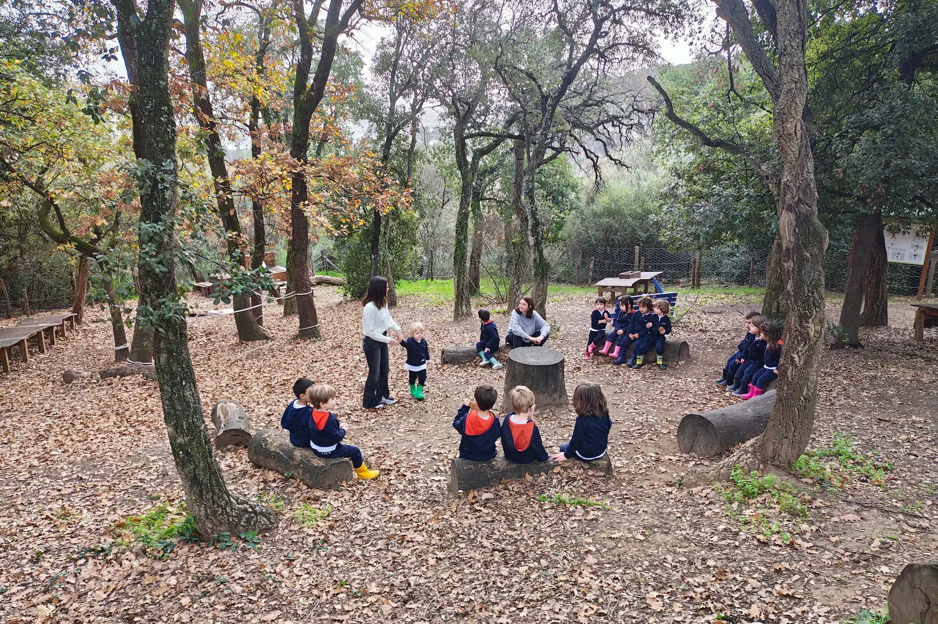 students seated in a circle outdoors among trees listening to a teacher.