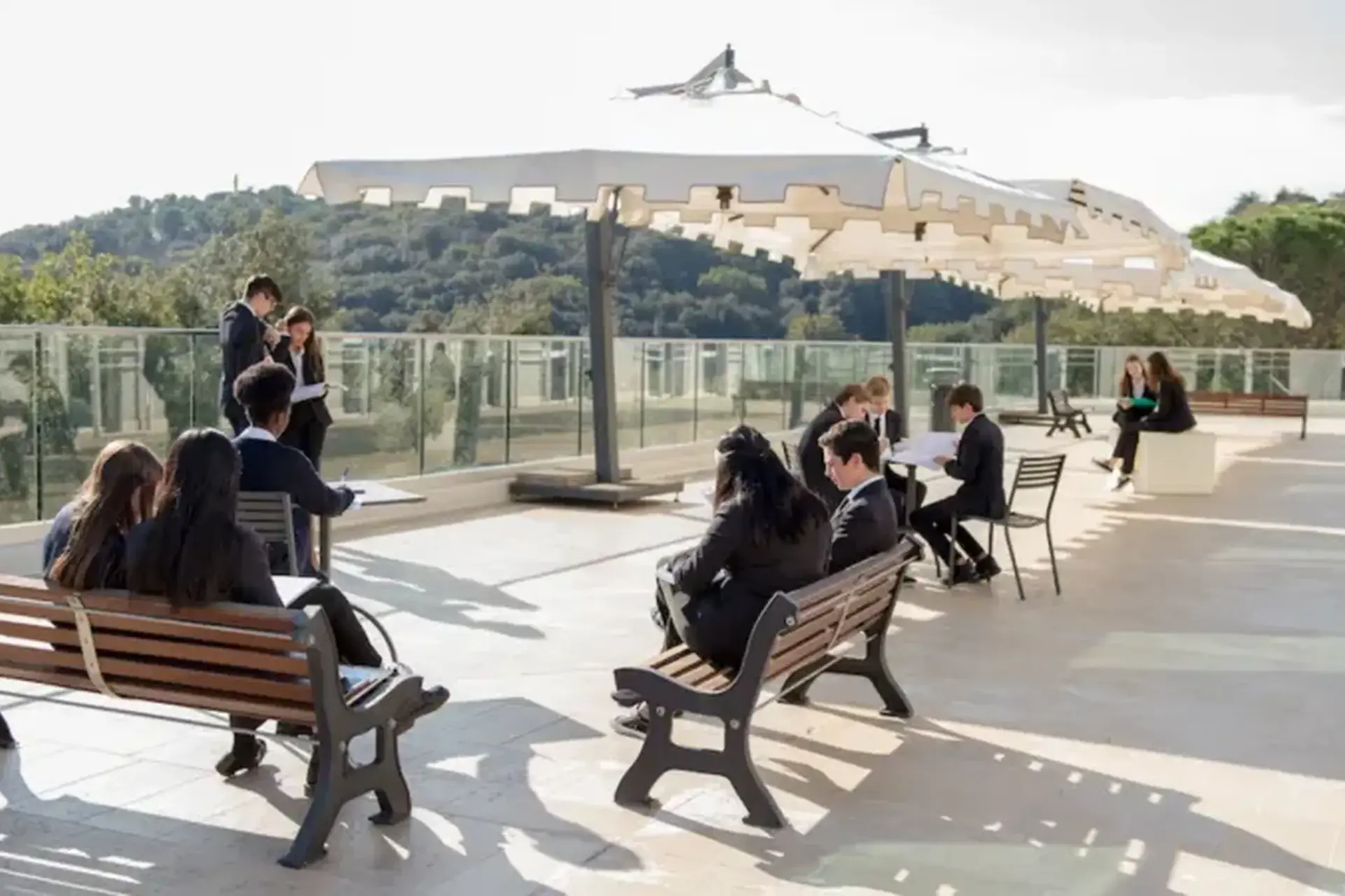 One of several large terraces that can be used for learning and recreation activities
